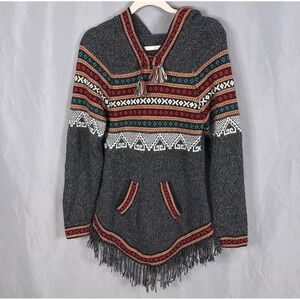 Peruvian Alpaca Sweater Womens One Size Gray Hooded Aztec Fringe Boho Tunic
